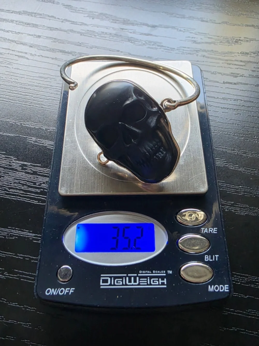 Obsidian & Fine Silver Skull Bangle